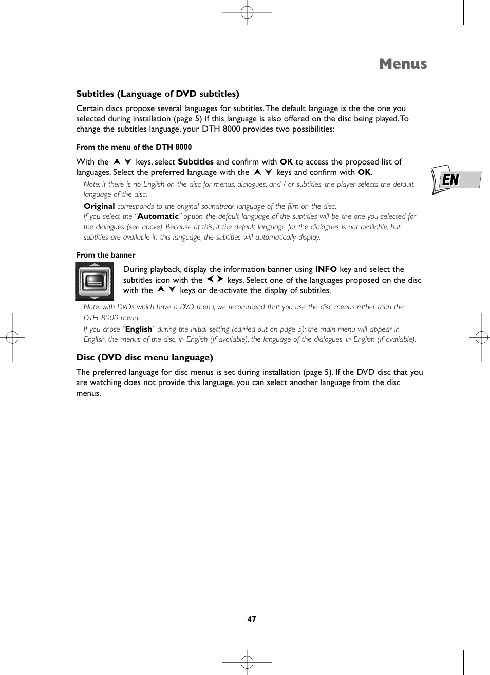 Menus | Technicolor - Thomson DTH8000 User Manual | Page 47 / 59