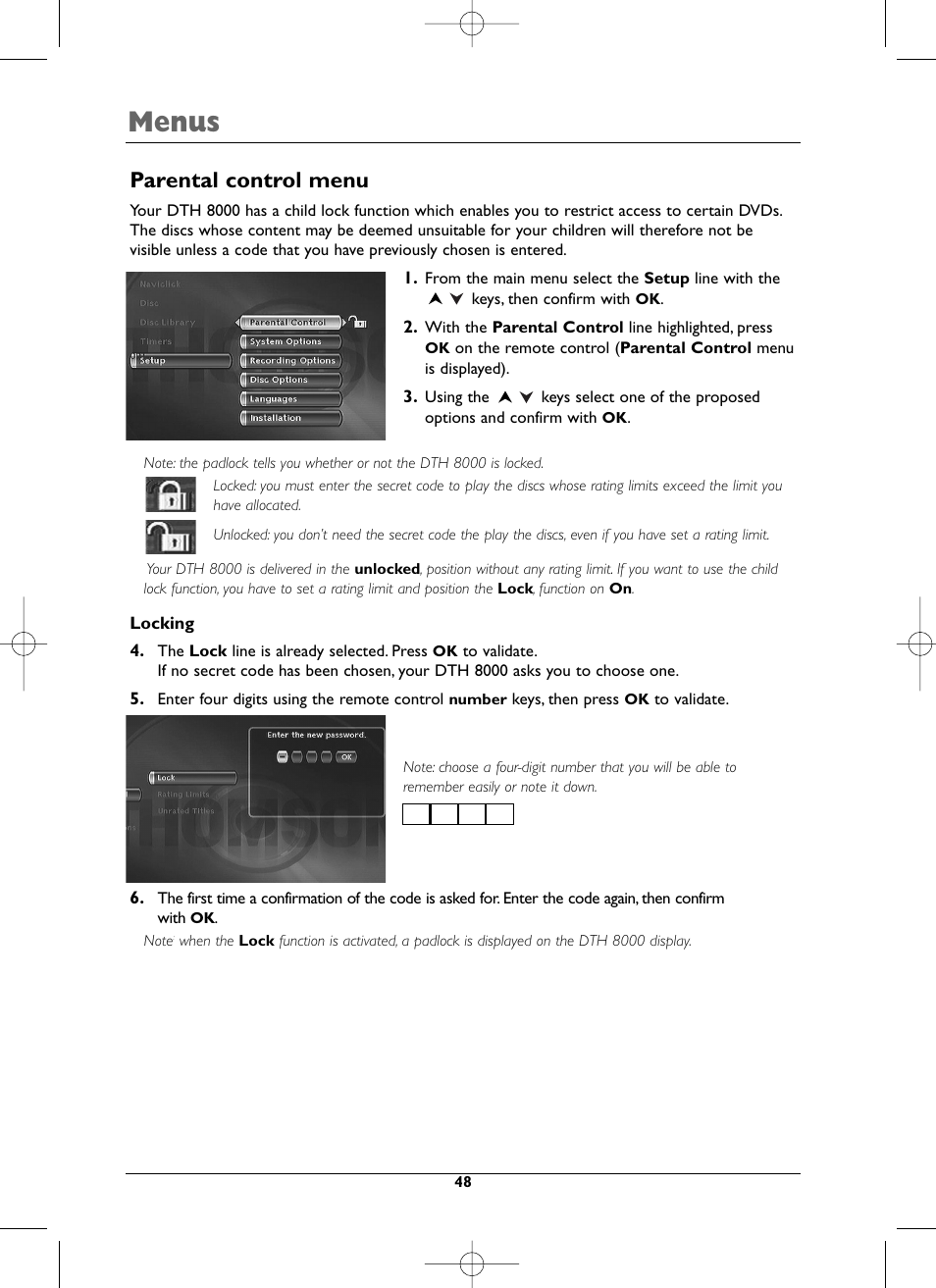 Menus, Parental control menu | Technicolor - Thomson DTH8000 User Manual | Page 48 / 59