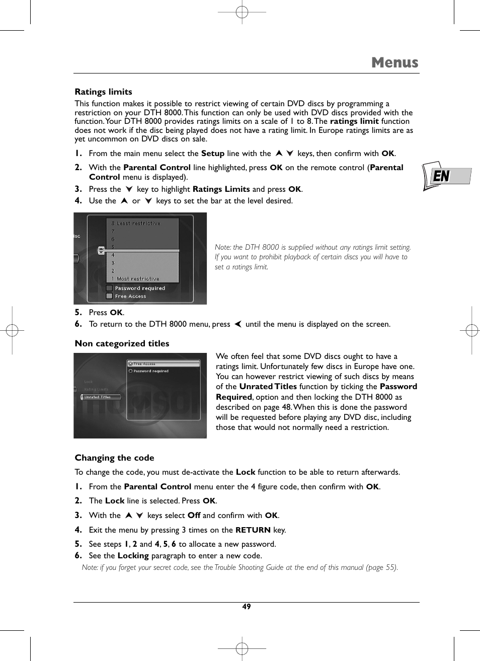 Menus | Technicolor - Thomson DTH8000 User Manual | Page 49 / 59