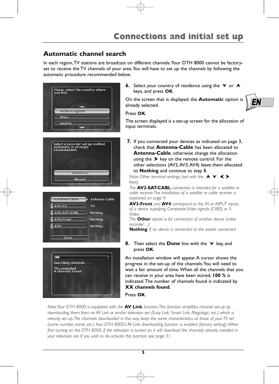 Connections and initial set up, Automatic channel search | Technicolor - Thomson DTH8000 User Manual | Page 5 / 59