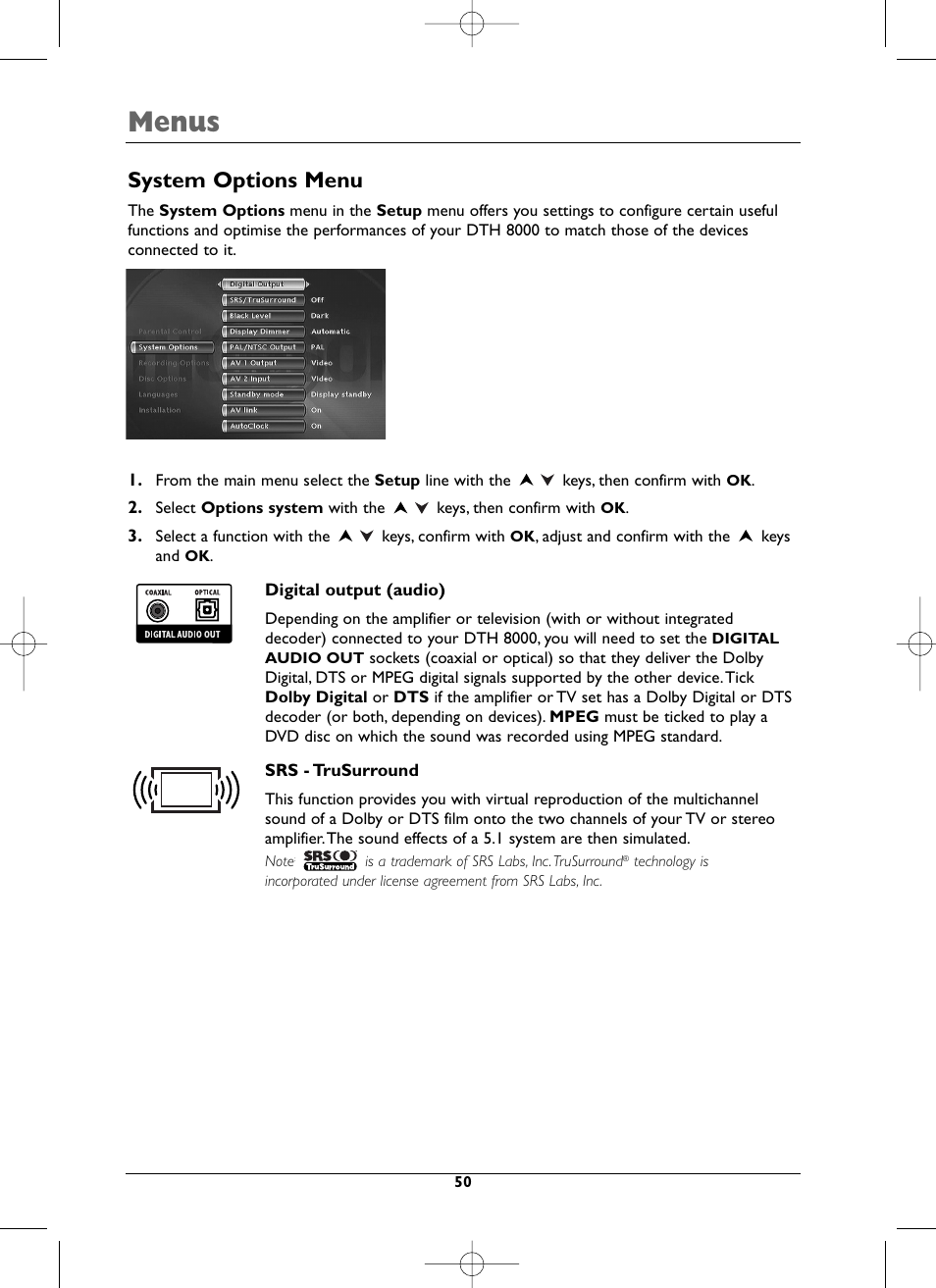 Menus, System options menu | Technicolor - Thomson DTH8000 User Manual | Page 50 / 59