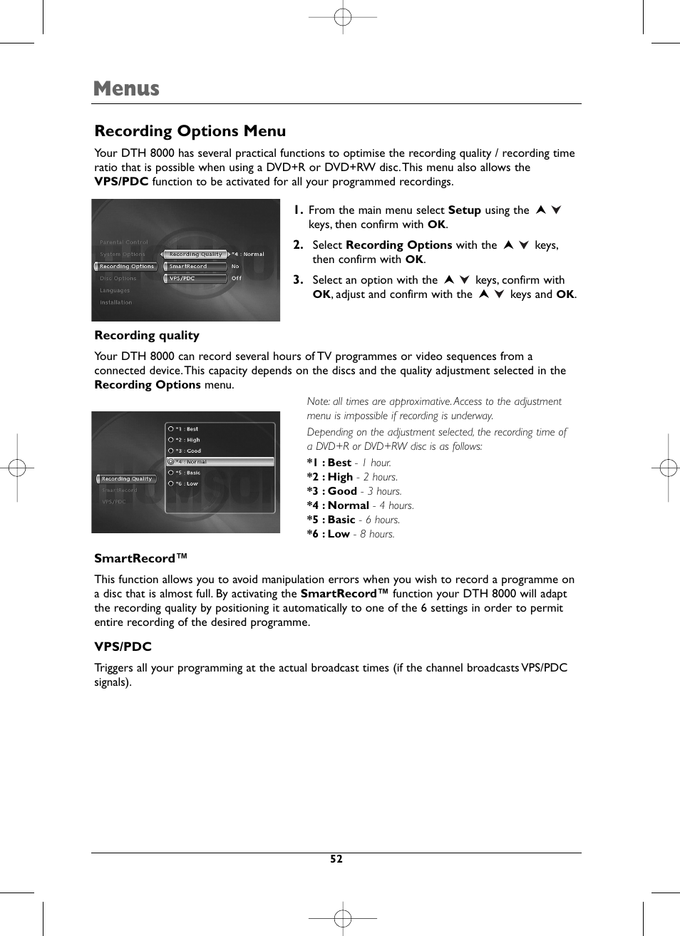 Menus, Recording options menu | Technicolor - Thomson DTH8000 User Manual | Page 52 / 59