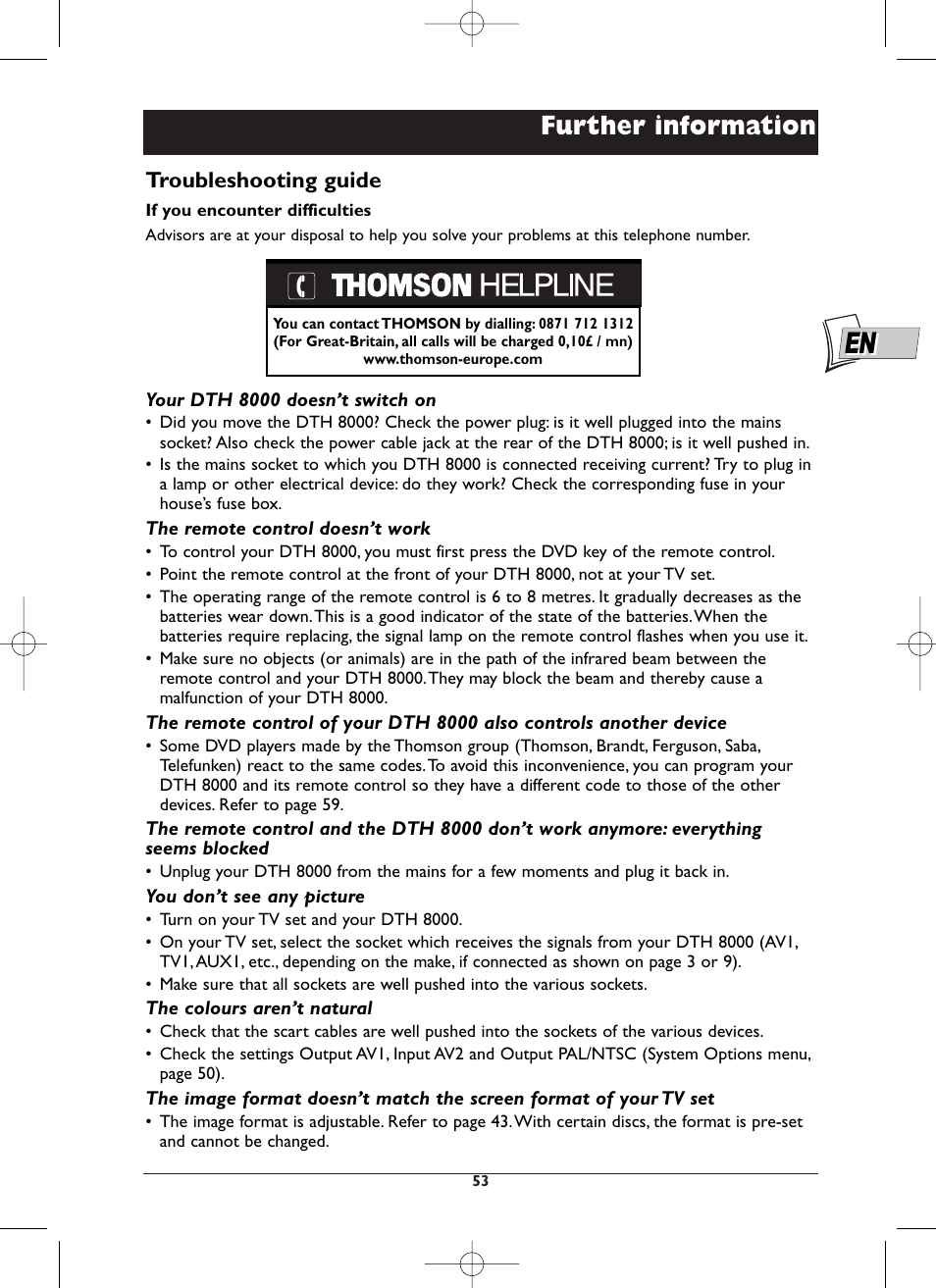 Further information, Troubleshooting guide | Technicolor - Thomson DTH8000 User Manual | Page 53 / 59