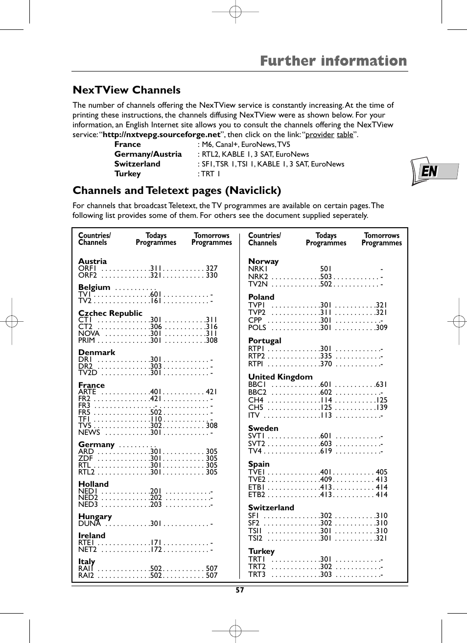 Further information, Nextview channels, Channels and teletext pages (naviclick) | Technicolor - Thomson DTH8000 User Manual | Page 57 / 59