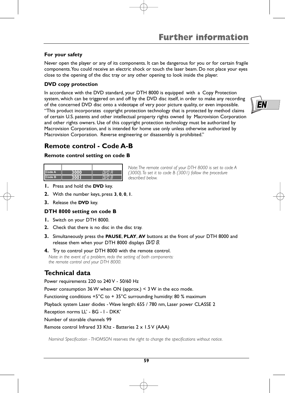 Further information, Remote control - code a-b, Technical data | Technicolor - Thomson DTH8000 User Manual | Page 59 / 59