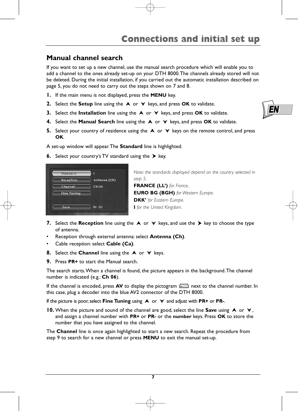 Connections and initial set up, Manual channel search | Technicolor - Thomson DTH8000 User Manual | Page 7 / 59