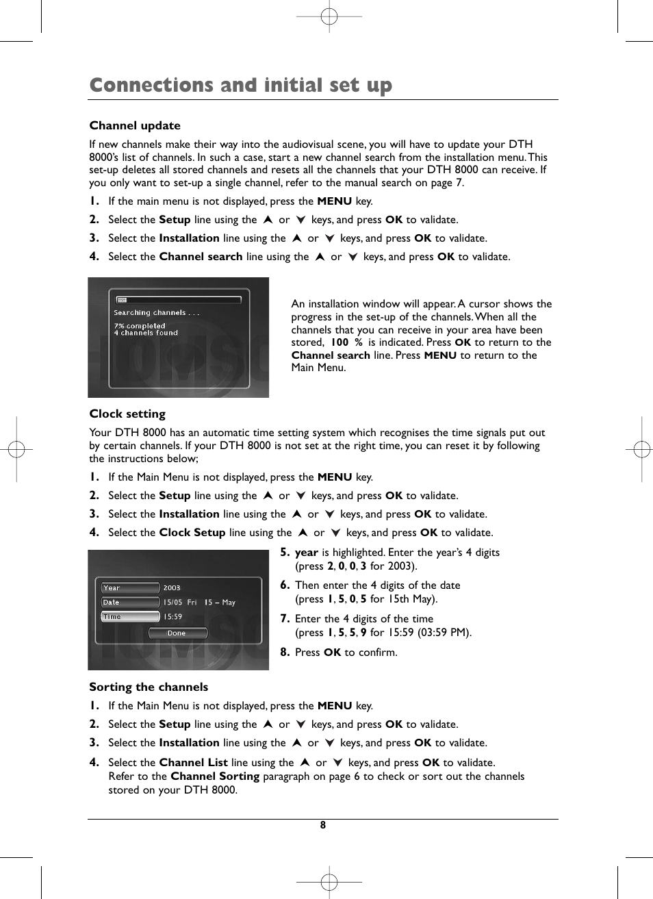 Connections and initial set up | Technicolor - Thomson DTH8000 User Manual | Page 8 / 59