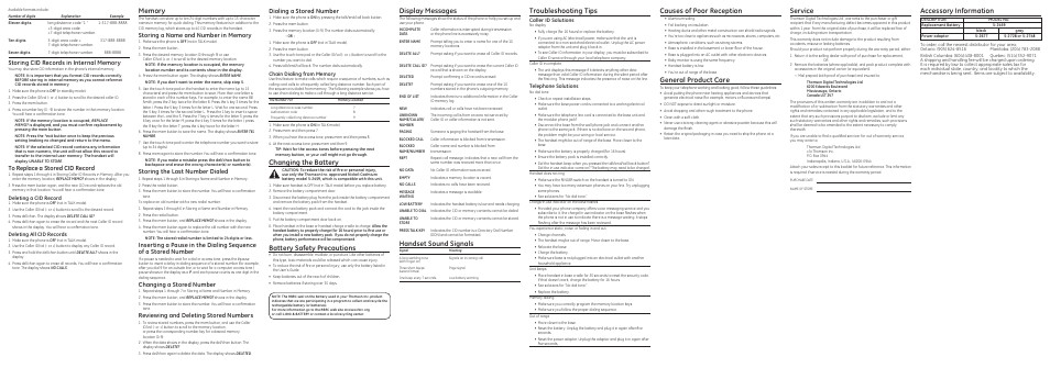 Changing the battery, Battery safety precautions, Display messages | Handset sound signals, Troubleshooting tips, Causes of poor reception, General product care, Service, Accessory information, Dialing a stored number | Technicolor - Thomson 25836 User Manual | Page 2 / 2
