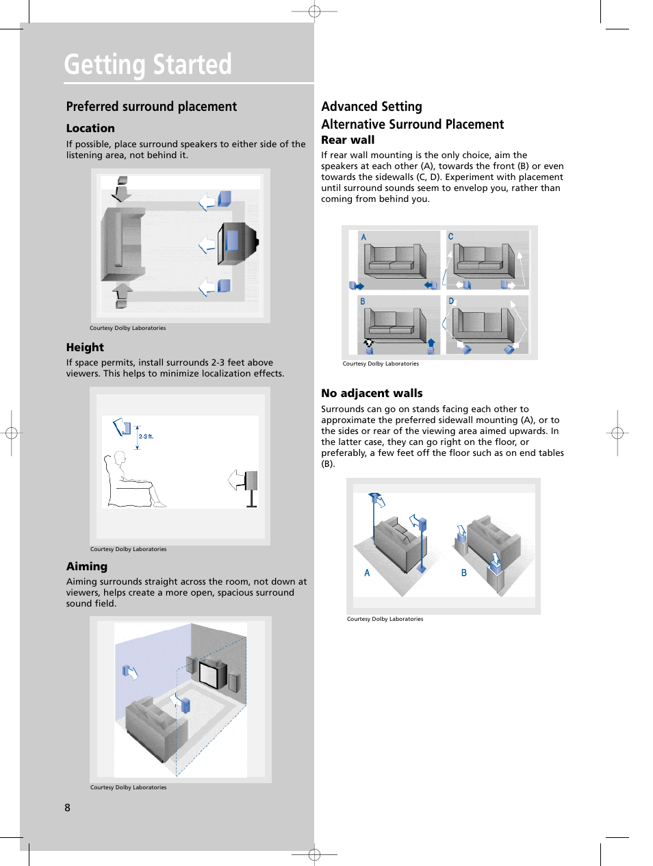 Getting started, Preferred surround placement, Advanced setting alternative surround placement | Technicolor - Thomson DPL580HT User Manual | Page 11 / 28