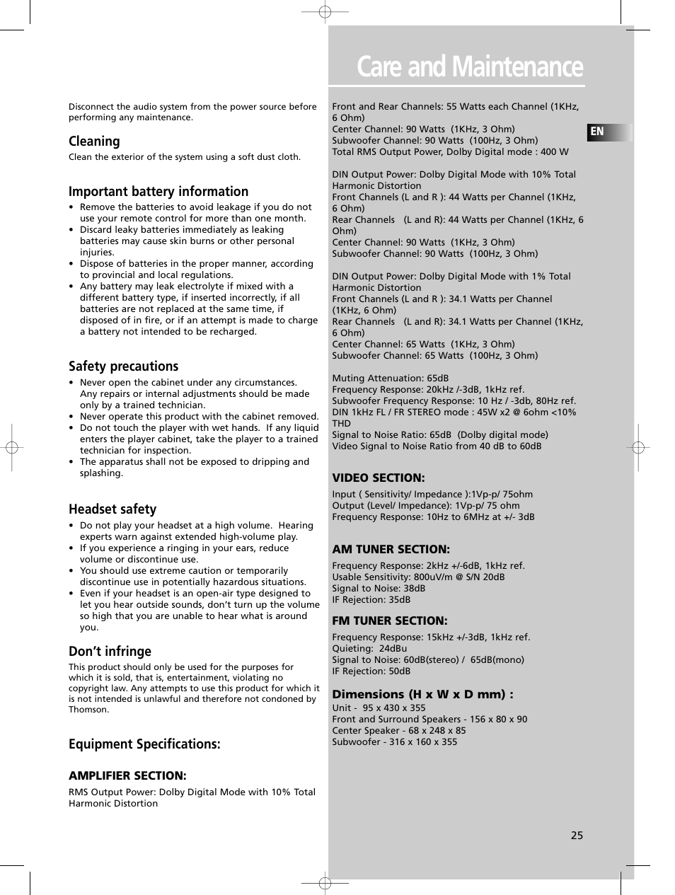 Care and maintenance, Cleaning, Important battery information | Safety precautions, Headset safety, Don’t infringe, Equipment specifications | Technicolor - Thomson DPL580HT User Manual | Page 28 / 28