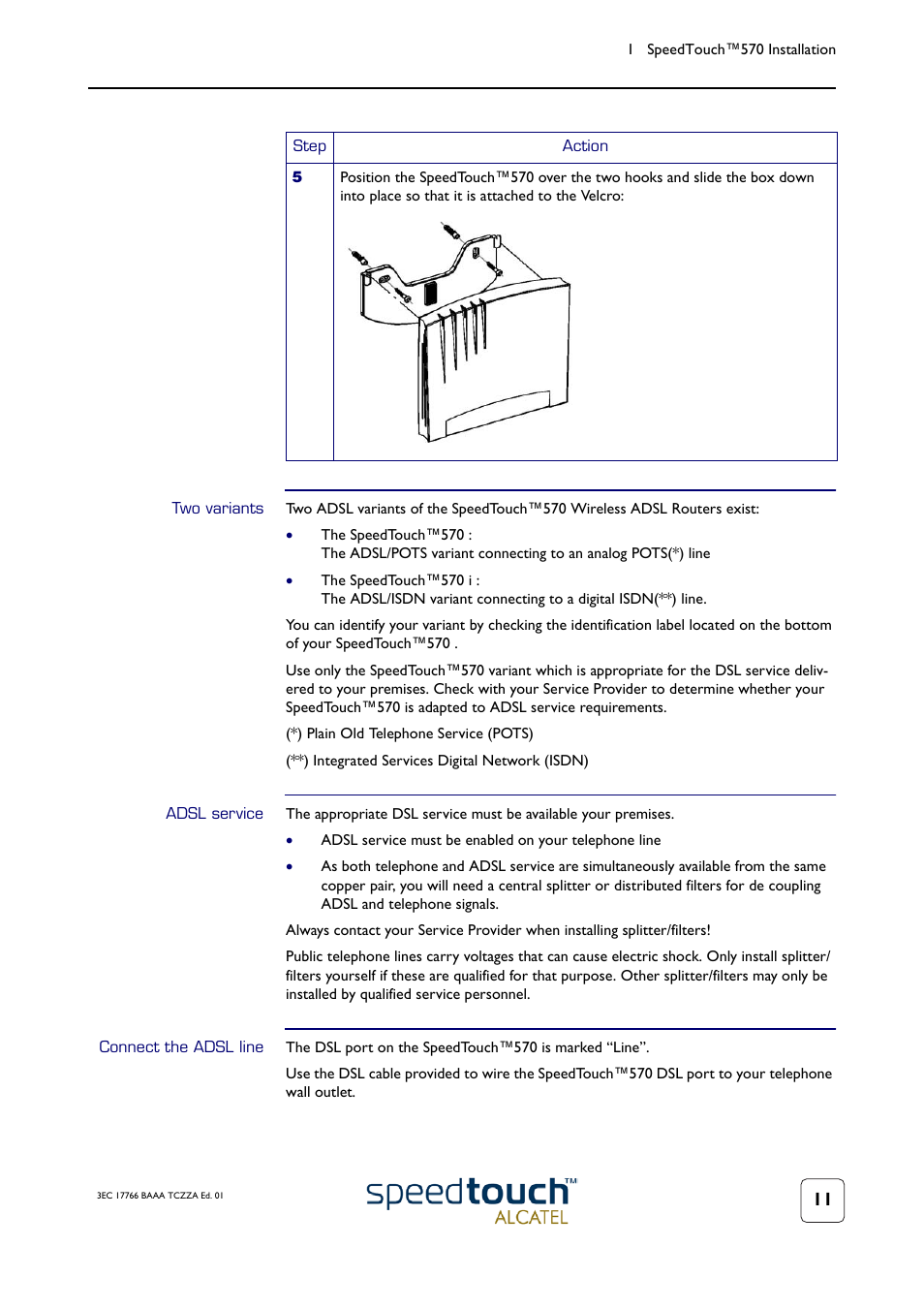 Two variants, Adsl service, Connect the adsl line | Technicolor - Thomson 570 User Manual | Page 11 / 48