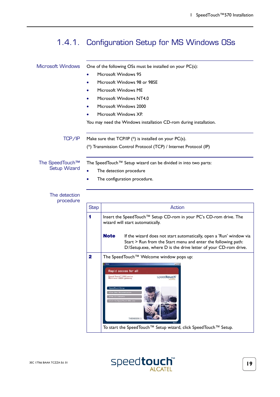 Configuration setup for ms windows oss, Microsoft windows, Tcp/ip | The speedtouch™ setup wizard, The detection procedure, See subsection | Technicolor - Thomson 570 User Manual | Page 19 / 48