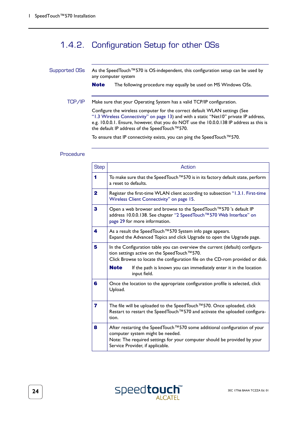 Configuration setup for other oss, Supported oss, Tcp/ip | Procedure, See subsection | Technicolor - Thomson 570 User Manual | Page 24 / 48