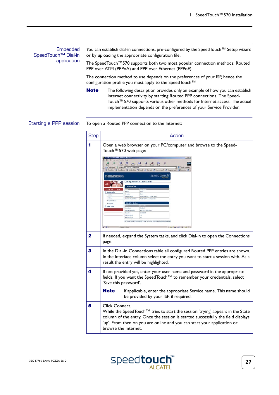 Embedded speedtouch™ dialin application, Starting a ppp session | Technicolor - Thomson 570 User Manual | Page 27 / 48