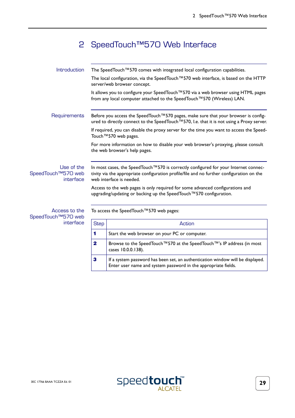 2 speedtouch™570 web interface, Introduction, Requirements | Use of the speedtouch™570 web interface, Access to the speedtouch™570 web interface, Speedtouch™570 web interface, See chapter, 2 speedtouch™570 web interface” on | Technicolor - Thomson 570 User Manual | Page 29 / 48