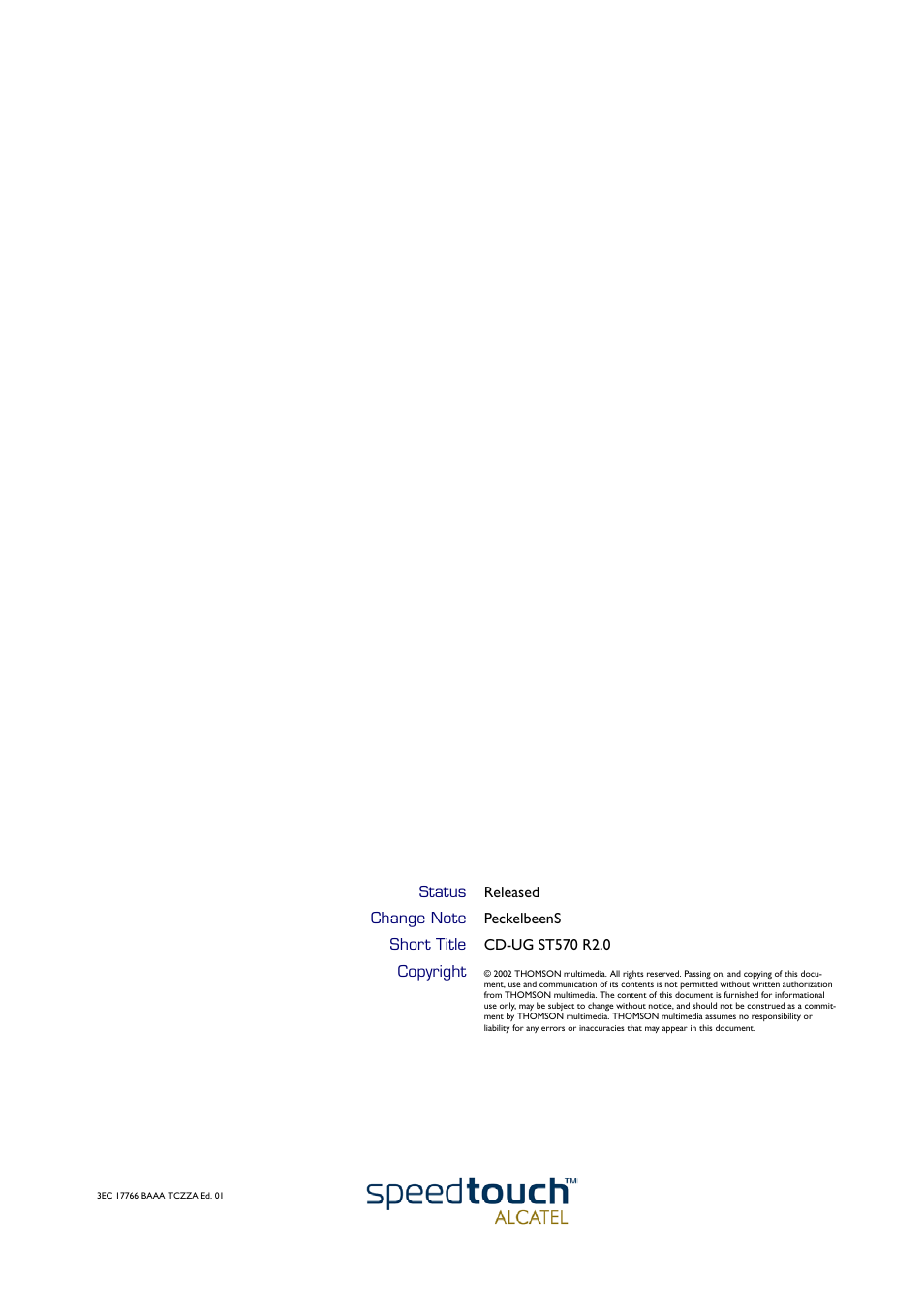 Status, Change note, Short title | Copyright | Technicolor - Thomson 570 User Manual | Page 4 / 48