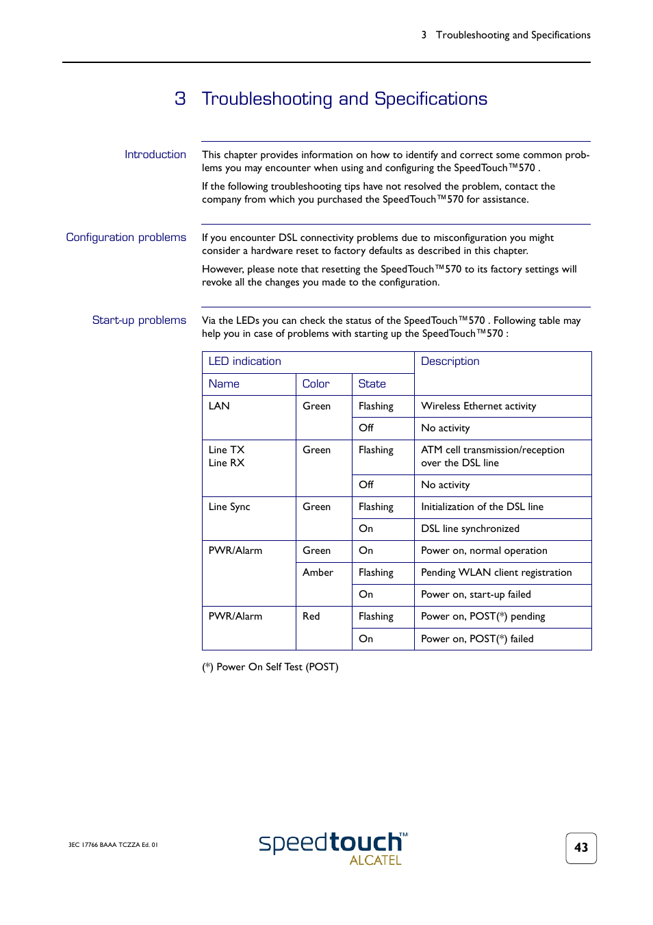 3 troubleshooting and specifications, Introduction, Configuration problems | Startup problems, Troubleshooting and specifications | Technicolor - Thomson 570 User Manual | Page 43 / 48