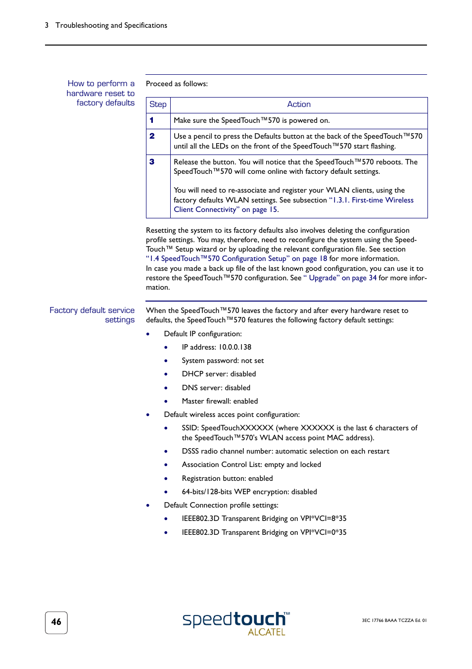 Factory default service settings | Technicolor - Thomson 570 User Manual | Page 46 / 48