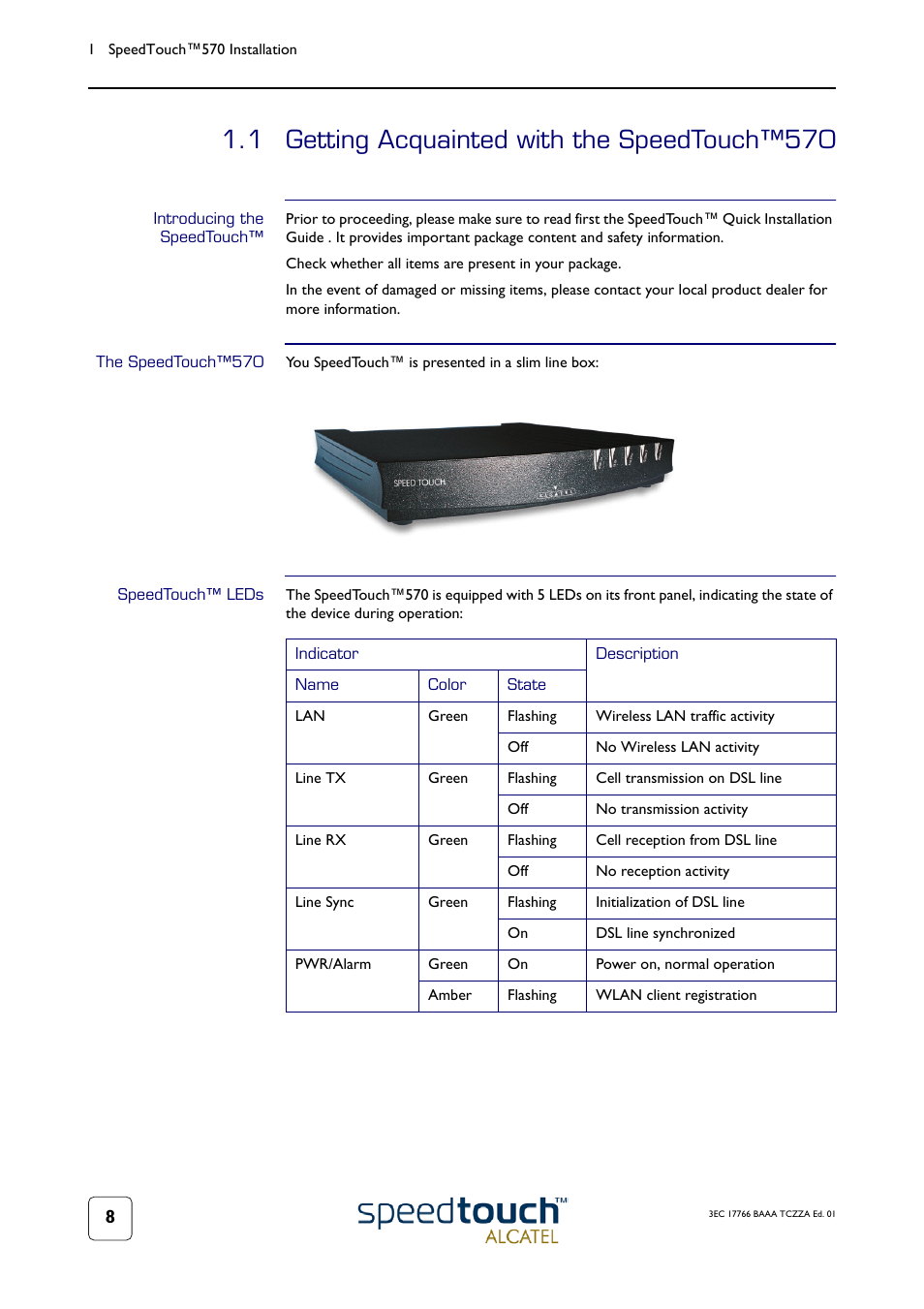 1 getting acquainted with the speedtouch™570, Introducing the speedtouch, The speedtouch™570 | Speedtouch™ leds, Getting acquainted with the speedtouch™570 | Technicolor - Thomson 570 User Manual | Page 8 / 48