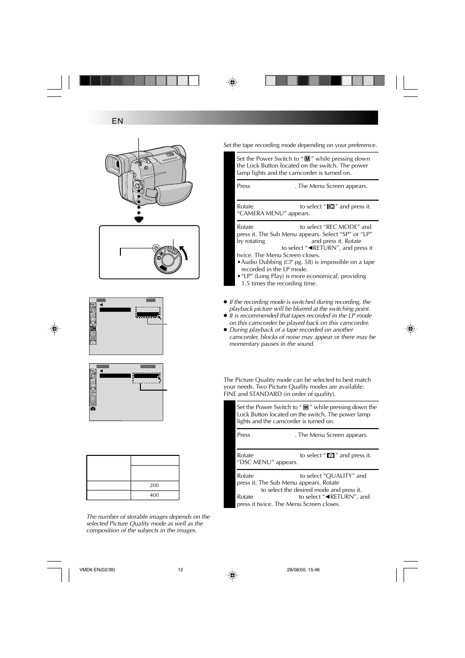 Getting started, Picture quality mode setting, Cont.) | Recording mode setting | Technicolor - Thomson VMD 6 User Manual | Page 13 / 82