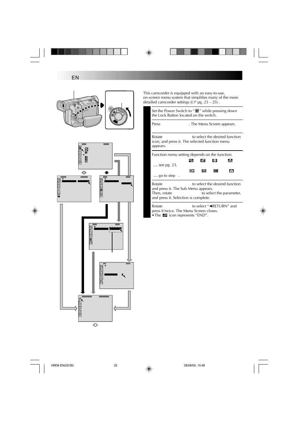Recording, If you have selected “ ”, “ ”, “ ” or, Pg. 23 – 25) | Press menu/bright . the menu screen appears, Function menu setting depends on the function, See pg. 23, Go to step 5 | Technicolor - Thomson VMD 6 User Manual | Page 23 / 82