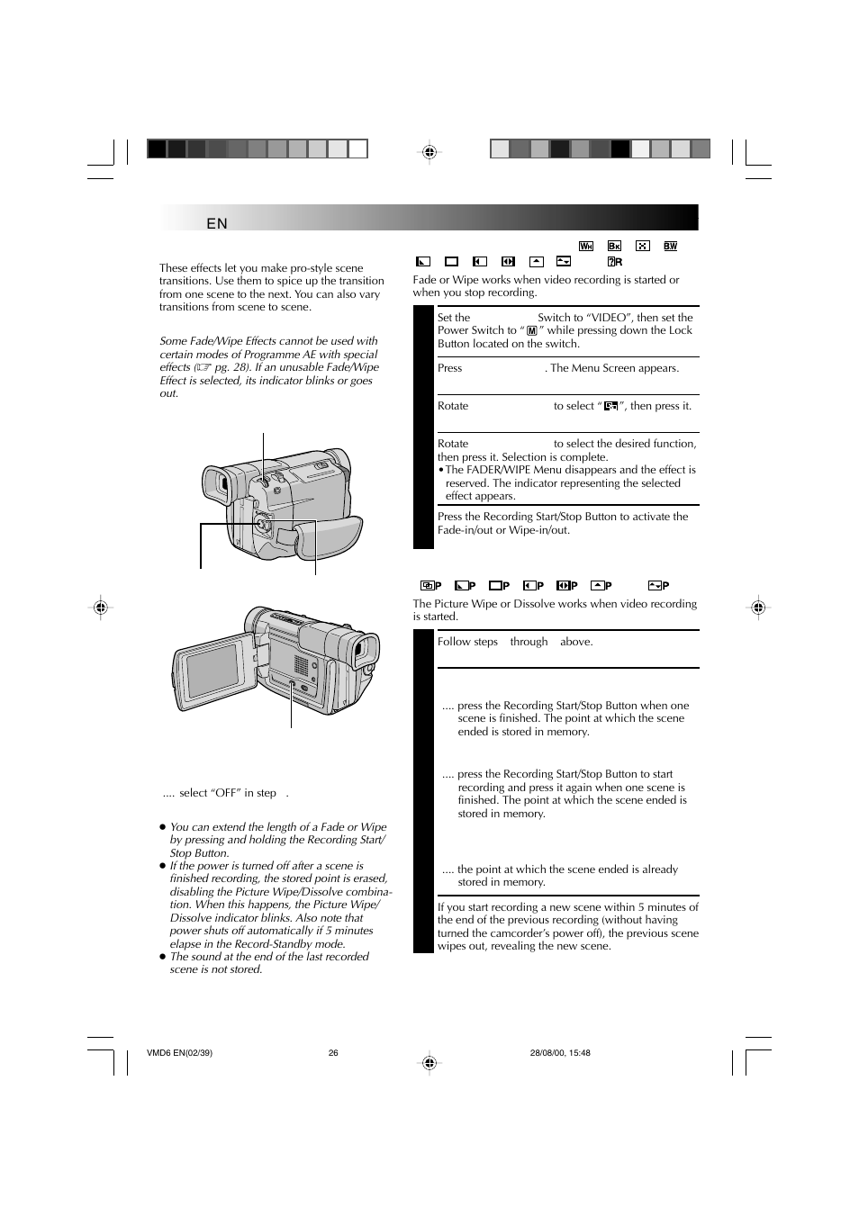 Recording, Fade/wipe effects, Advanced features for video and d.s.c. (cont.) | Technicolor - Thomson VMD 6 User Manual | Page 27 / 82