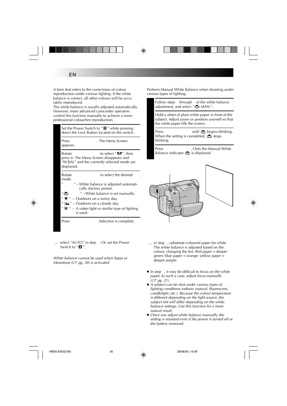 Recording, White balance adjustment, Manual white balance operation | Advanced features for video and d.s.c. (cont.) | Technicolor - Thomson VMD 6 User Manual | Page 31 / 82