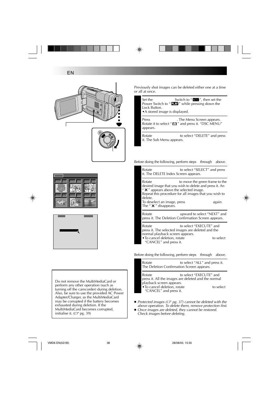 Playback, Deleting images, Advanced features for d.s.c. (cont.) | Caution | Technicolor - Thomson VMD 6 User Manual | Page 39 / 82