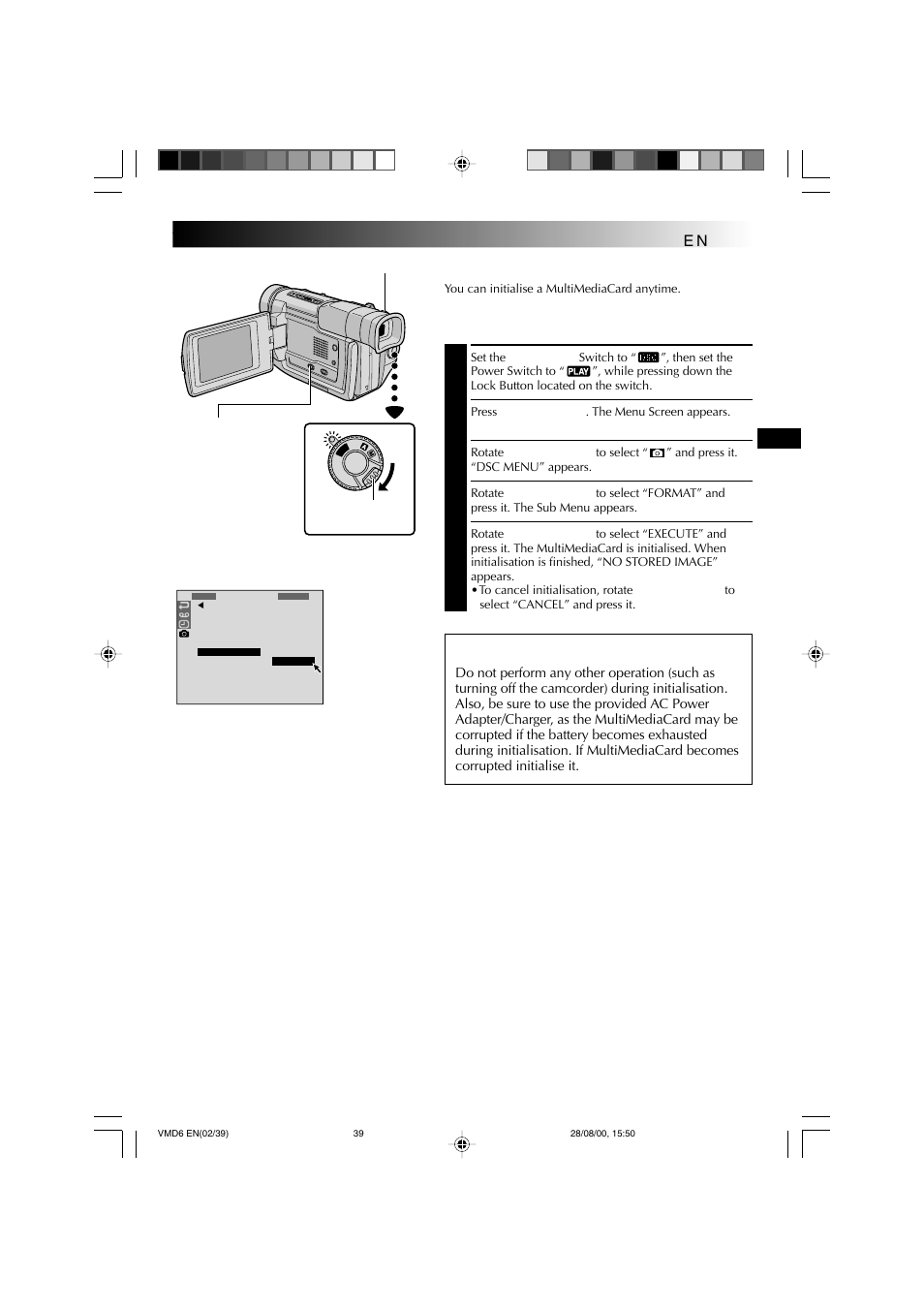 Initialising a multimediacard, Caution | Technicolor - Thomson VMD 6 User Manual | Page 40 / 82