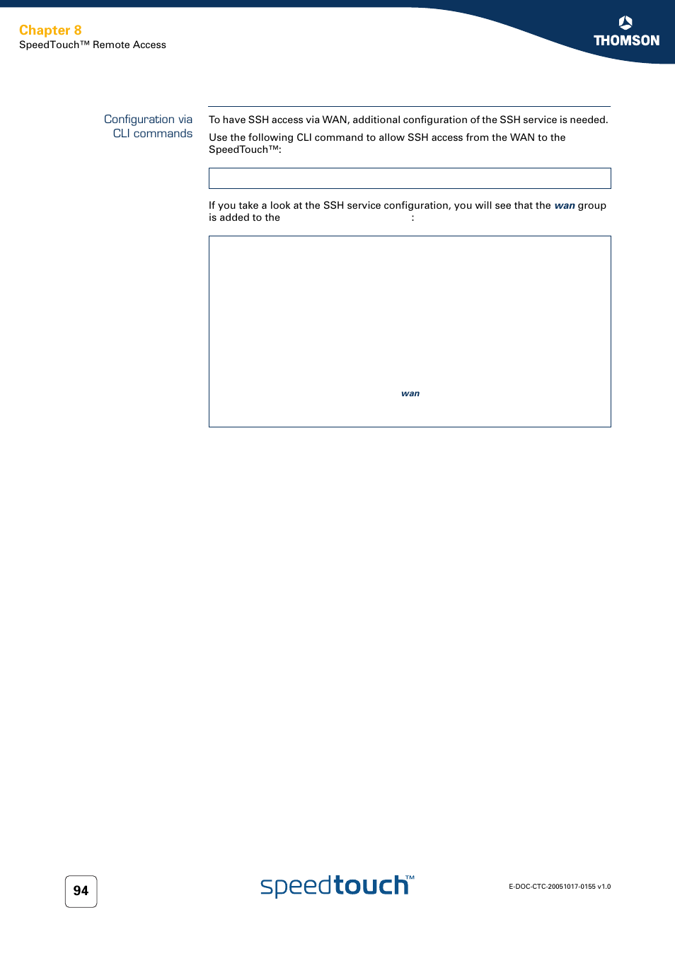 Configuration via cli commands, Chapter 8 | Technicolor - Thomson Wireless Business DSL Routers SpeedTouchTM620 User Manual | Page 104 / 216