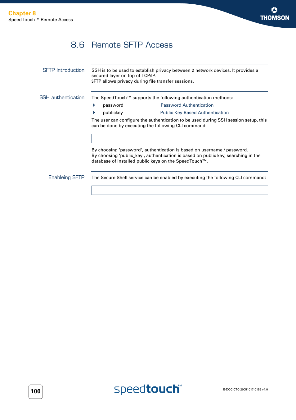 6 remote sftp access, Sftp introduction, Ssh authentication | Enableing sftp, Remote sftp access, Chapter 8 | Technicolor - Thomson Wireless Business DSL Routers SpeedTouchTM620 User Manual | Page 110 / 216