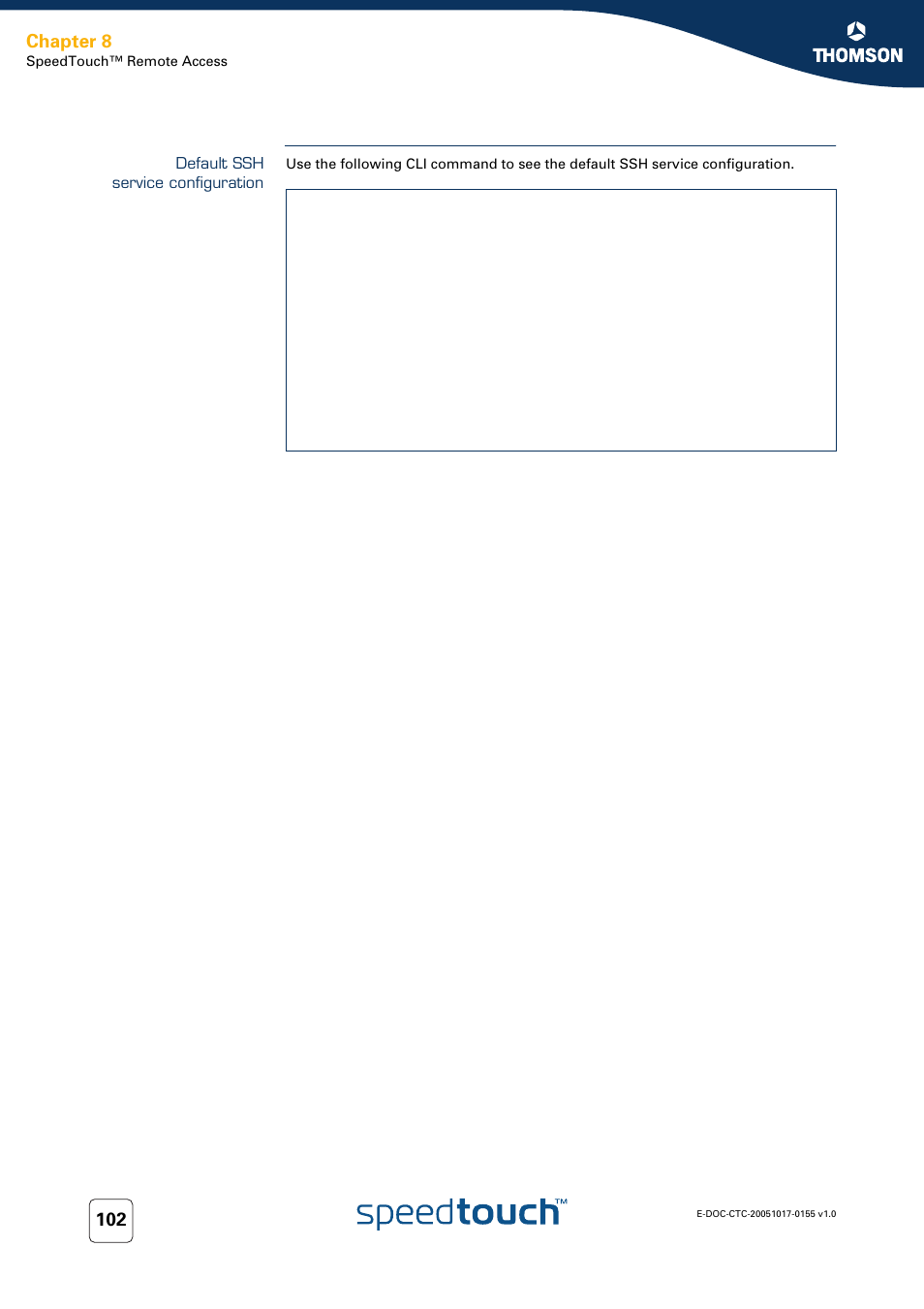 Default ssh service configuration, Chapter 8 | Technicolor - Thomson Wireless Business DSL Routers SpeedTouchTM620 User Manual | Page 112 / 216