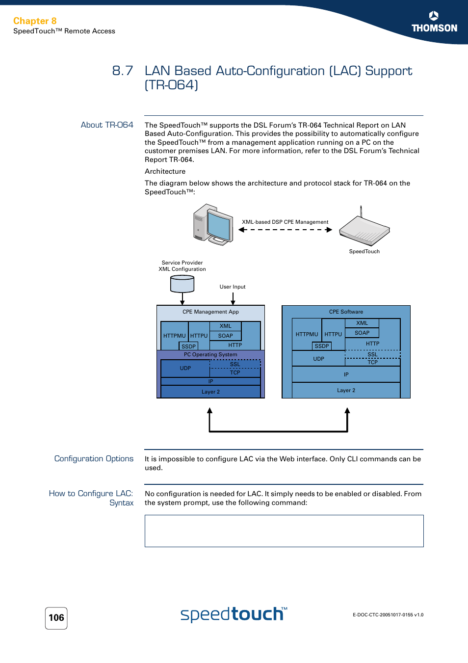 About tr-064, Configuration options, How to configure lac: syntax | Chapter 8 | Technicolor - Thomson Wireless Business DSL Routers SpeedTouchTM620 User Manual | Page 116 / 216