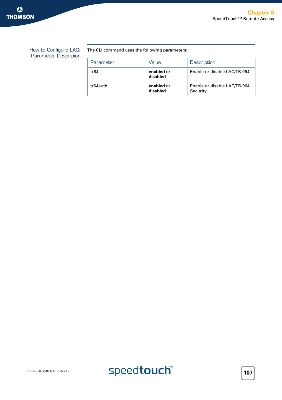 How to configure lac: parameter descripion, Chapter 8 | Technicolor - Thomson Wireless Business DSL Routers SpeedTouchTM620 User Manual | Page 117 / 216