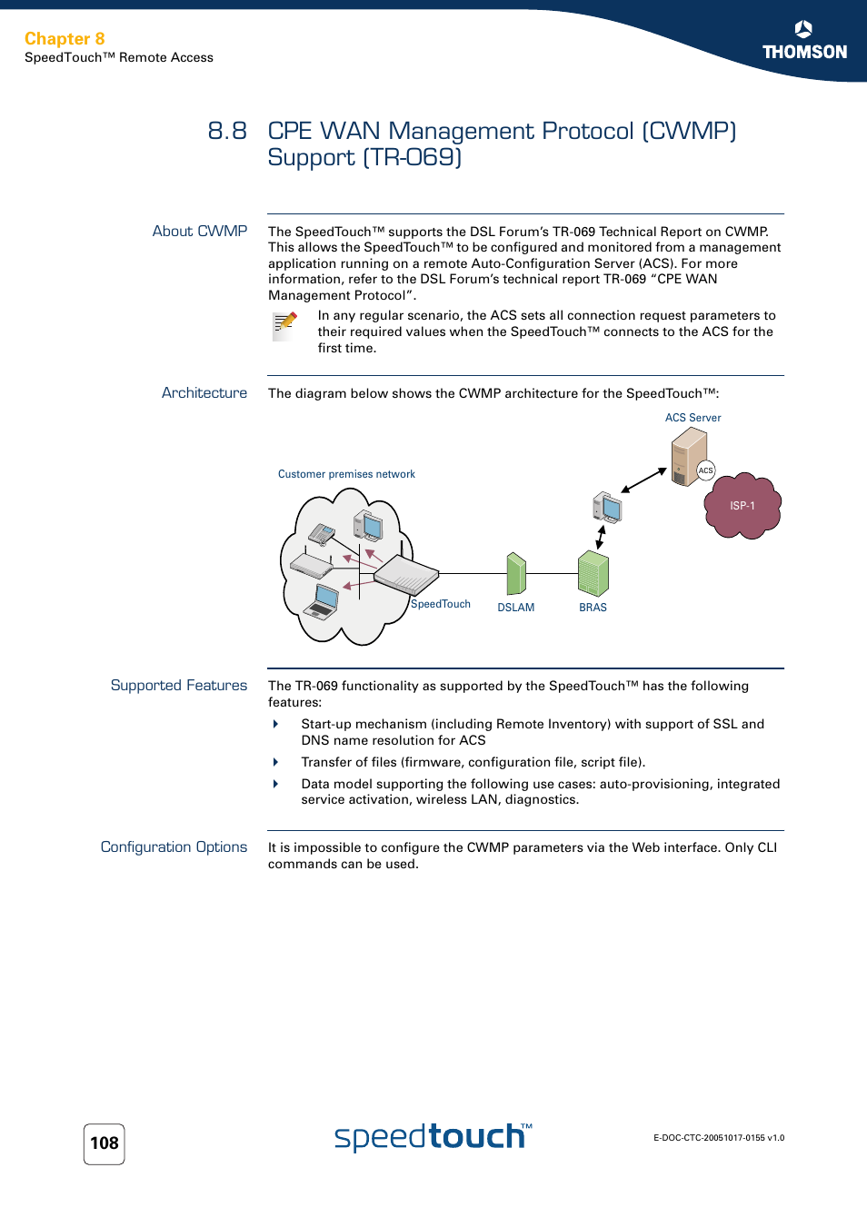 About cwmp, Architecture, Supported features | Configuration options, Chapter 8 | Technicolor - Thomson Wireless Business DSL Routers SpeedTouchTM620 User Manual | Page 118 / 216