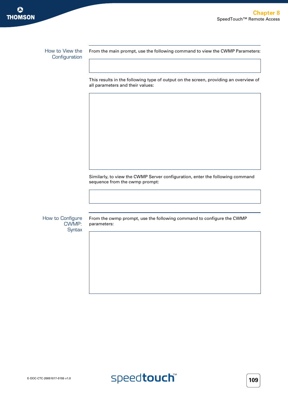 How to view the configuration, How to configure cwmp: syntax, Chapter 8 | Technicolor - Thomson Wireless Business DSL Routers SpeedTouchTM620 User Manual | Page 119 / 216