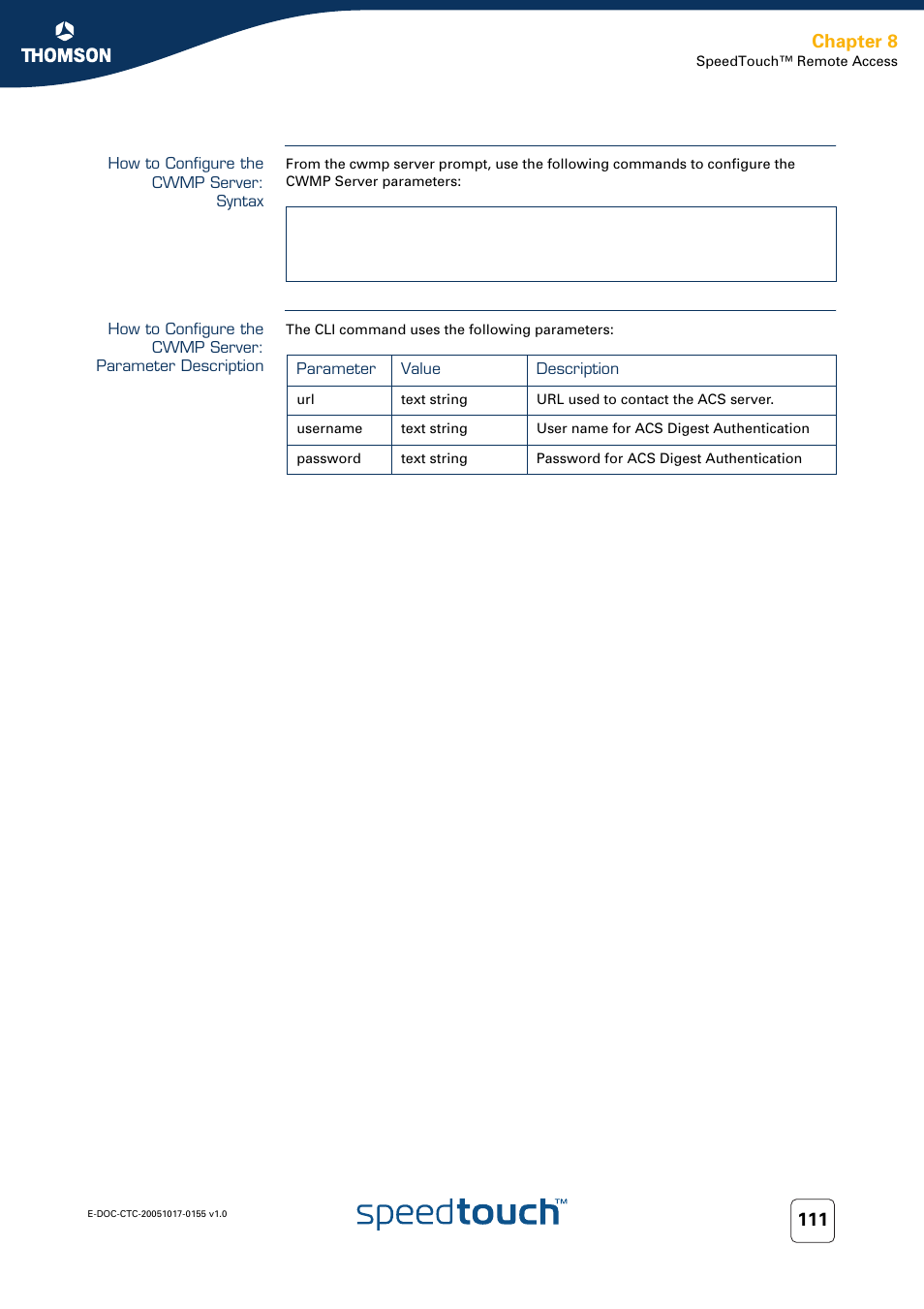 How to configure the cwmp server: syntax, Chapter 8 | Technicolor - Thomson Wireless Business DSL Routers SpeedTouchTM620 User Manual | Page 121 / 216