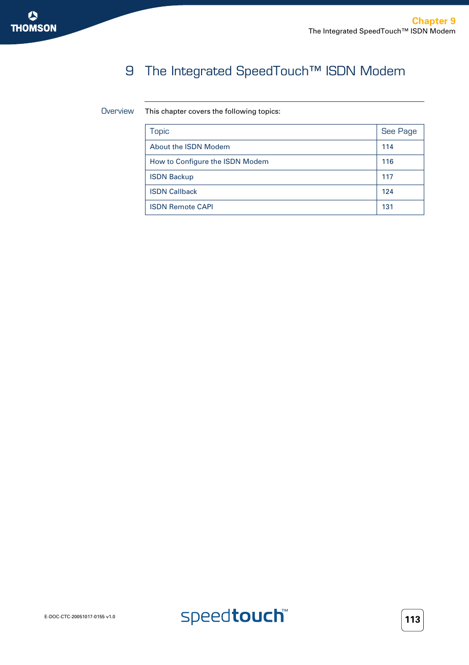 9 the integrated speedtouch™ isdn modem, Overview, The integrated speedtouch™ isdn modem | Chapter 9 | Technicolor - Thomson Wireless Business DSL Routers SpeedTouchTM620 User Manual | Page 123 / 216