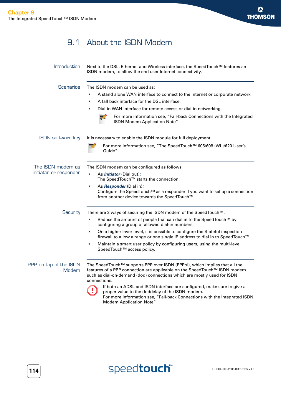 1 about the isdn modem, Introduction, Scenarios | Isdn software key, The isdn modem as initiator or responder, Security, Ppp on top of the isdn modem, About the isdn modem, Chapter 9 | Technicolor - Thomson Wireless Business DSL Routers SpeedTouchTM620 User Manual | Page 124 / 216