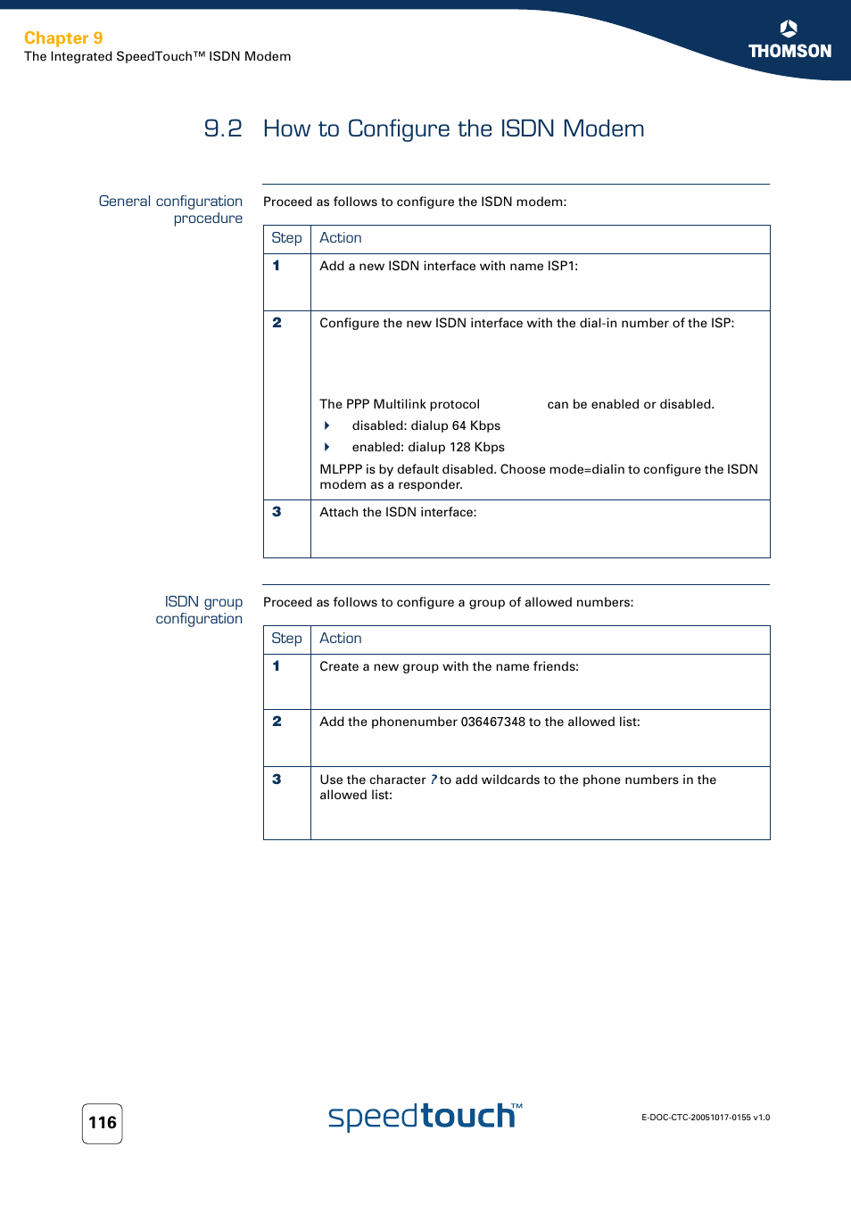 2 how to configure the isdn modem, General configuration procedure, Isdn group configuration | How to configure the isdn modem, Chapter 9 | Technicolor - Thomson Wireless Business DSL Routers SpeedTouchTM620 User Manual | Page 126 / 216