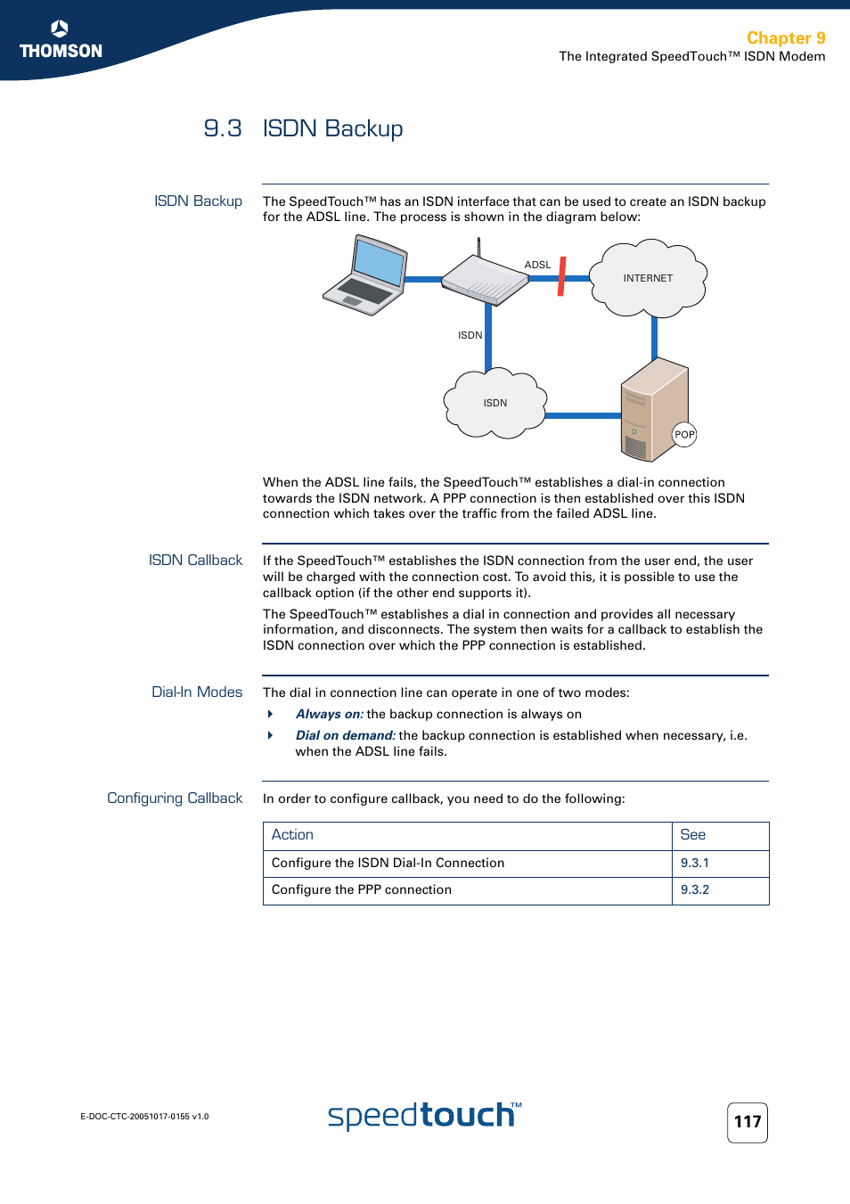 3 isdn backup, Isdn backup, Isdn callback | Dial-in modes, Configuring callback, Chapter 9 | Technicolor - Thomson Wireless Business DSL Routers SpeedTouchTM620 User Manual | Page 127 / 216