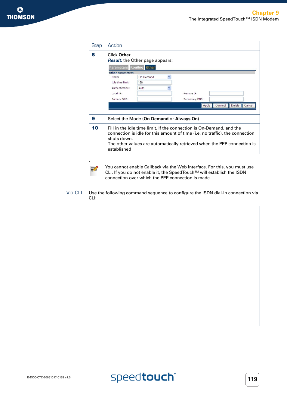 Via cli, Chapter 9 | Technicolor - Thomson Wireless Business DSL Routers SpeedTouchTM620 User Manual | Page 129 / 216