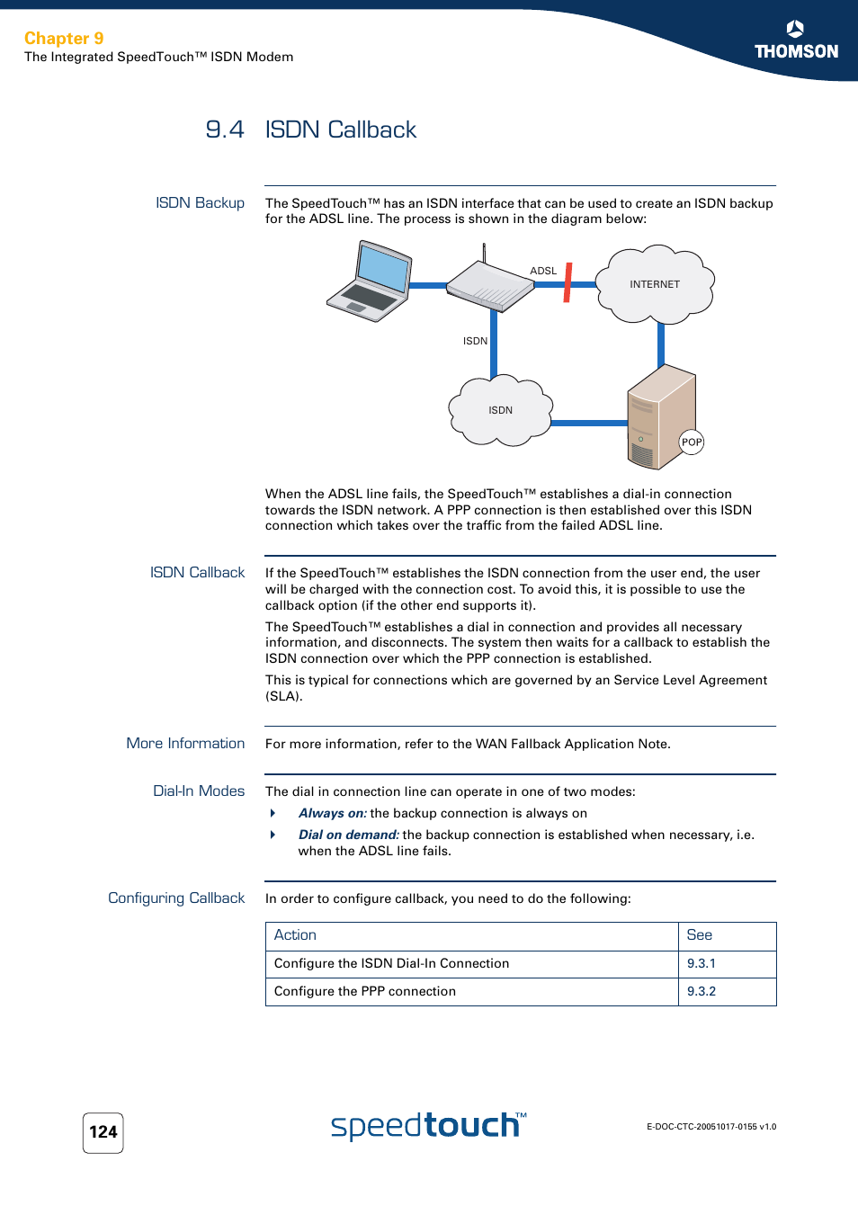 4 isdn callback, Isdn backup, Isdn callback | More information, Dial-in modes, Configuring callback, Chapter 9 | Technicolor - Thomson Wireless Business DSL Routers SpeedTouchTM620 User Manual | Page 134 / 216