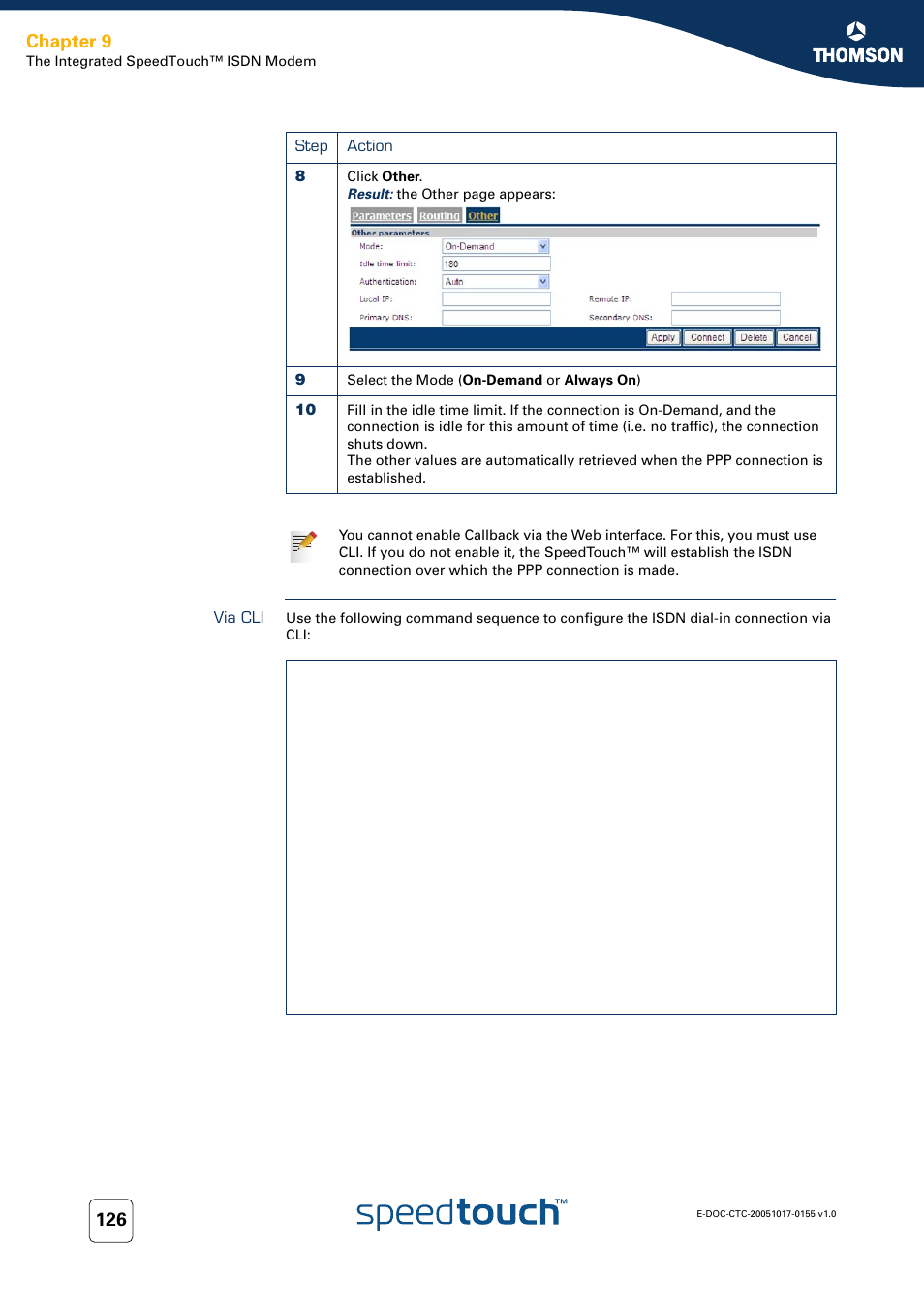 Via cli, Chapter 9 | Technicolor - Thomson Wireless Business DSL Routers SpeedTouchTM620 User Manual | Page 136 / 216