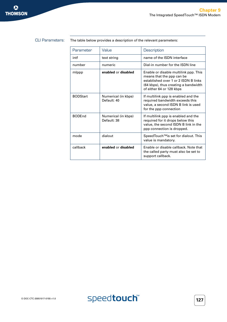 Cli parameters, Chapter 9 | Technicolor - Thomson Wireless Business DSL Routers SpeedTouchTM620 User Manual | Page 137 / 216