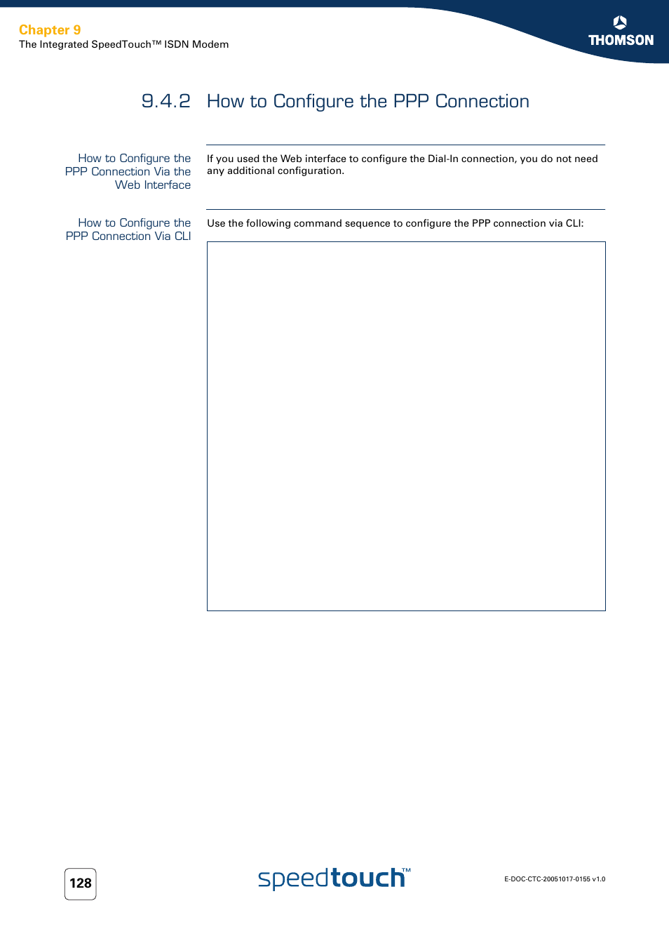 2 how to configure the ppp connection, How to configure the ppp connection via cli, How to configure the ppp connection | Chapter 9 | Technicolor - Thomson Wireless Business DSL Routers SpeedTouchTM620 User Manual | Page 138 / 216