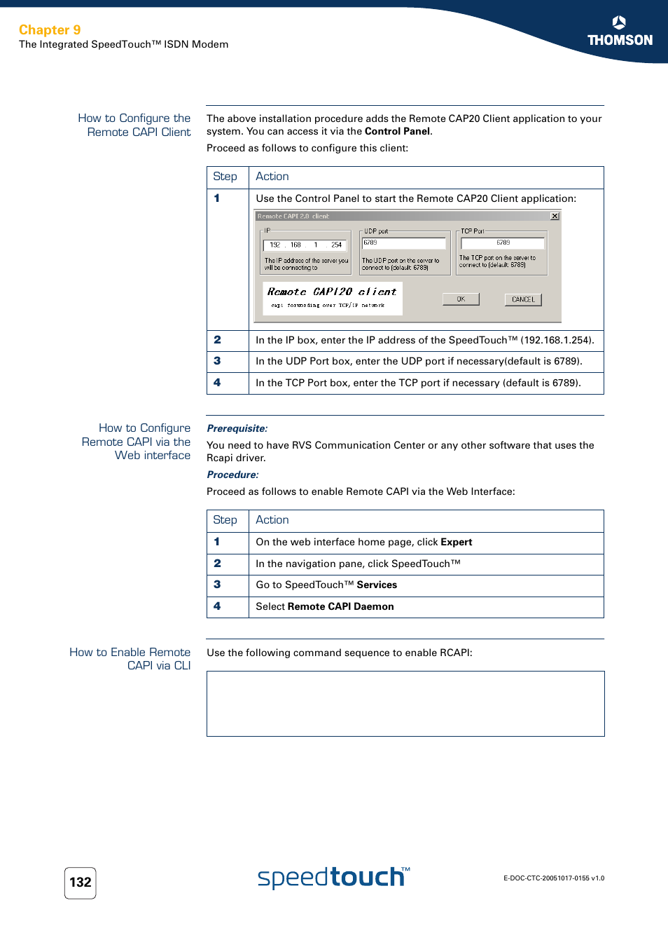 How to configure the remote capi client, How to configure remote capi via the web interface, How to enable remote capi via cli | Chapter 9 | Technicolor - Thomson Wireless Business DSL Routers SpeedTouchTM620 User Manual | Page 142 / 216