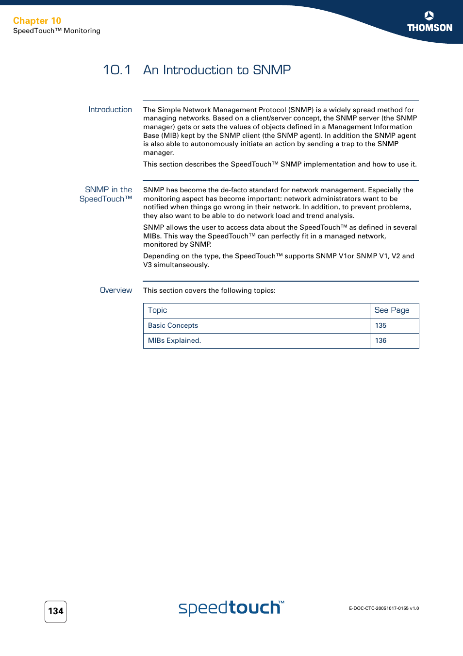 1 an introduction to snmp, Introduction, Snmp in the speedtouch | Overview, An introduction to snmp, Chapter 10 | Technicolor - Thomson Wireless Business DSL Routers SpeedTouchTM620 User Manual | Page 144 / 216