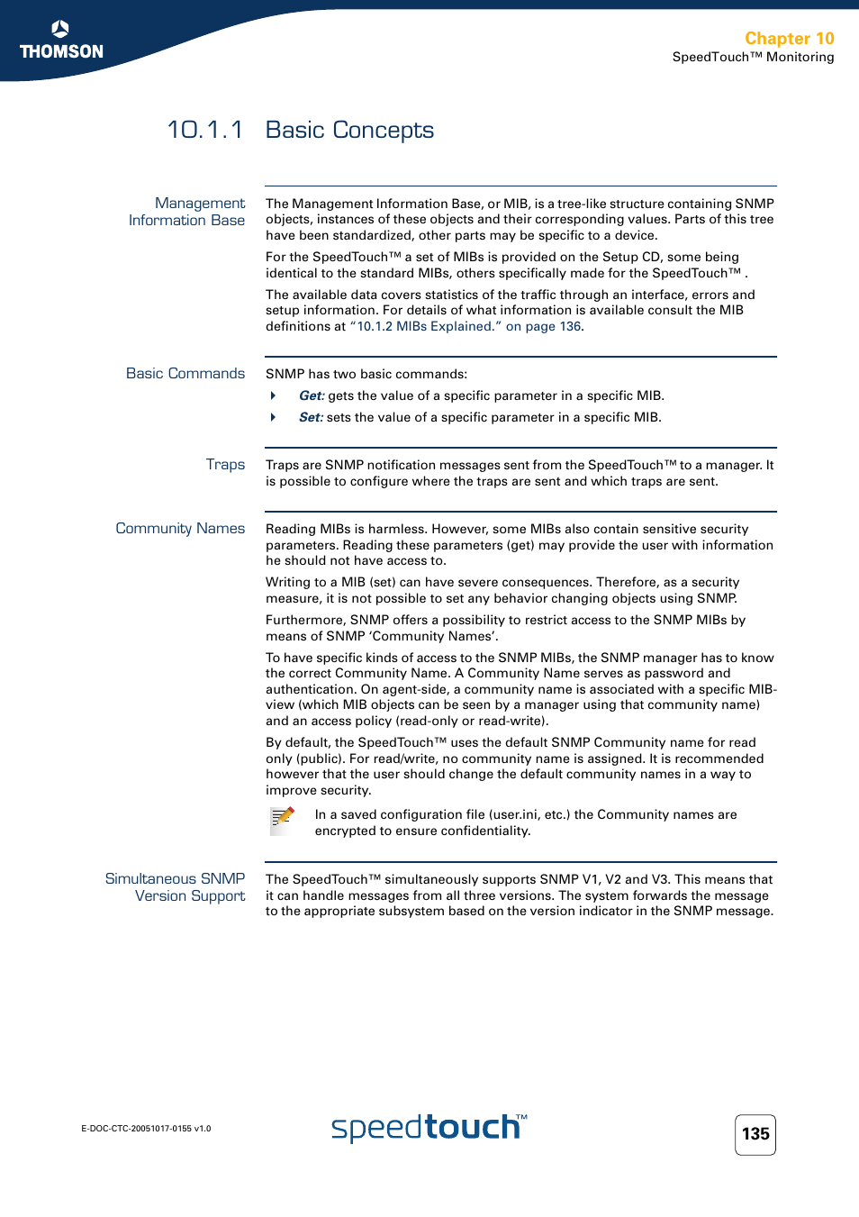 1 basic concepts, Management information base, Basic commands | Traps, Community names, Simultaneous snmp version support, Basic concepts, Chapter 10 | Technicolor - Thomson Wireless Business DSL Routers SpeedTouchTM620 User Manual | Page 145 / 216