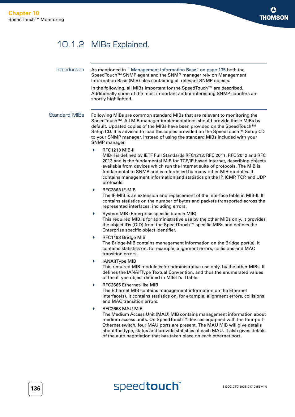 2 mibs explained, Introduction, Standard mibs | Mibs explained, Chapter 10 | Technicolor - Thomson Wireless Business DSL Routers SpeedTouchTM620 User Manual | Page 146 / 216